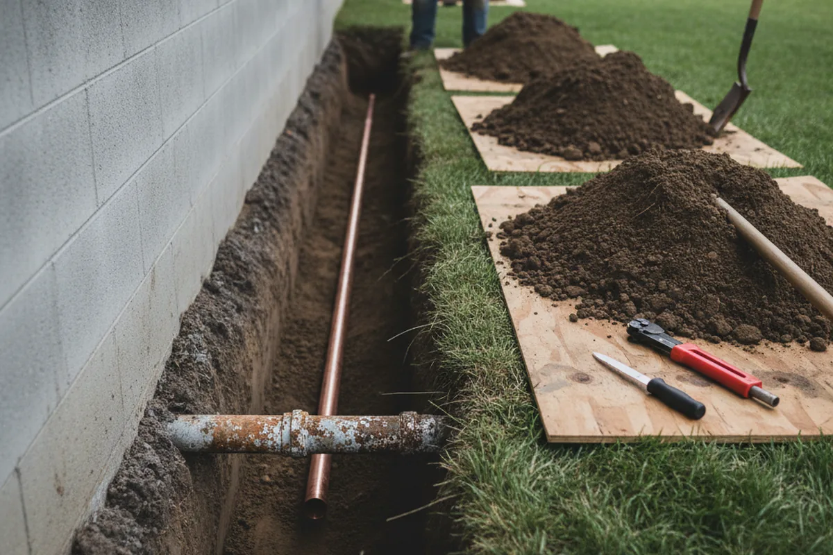 Excavated water line trench during Water Softener Installation in Beaver Falls